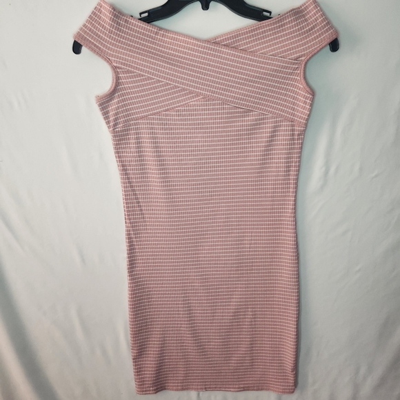 NWT Pink & White Striped Ribbed Crossover Bodycon Mini Dress - Picture 2 of 14